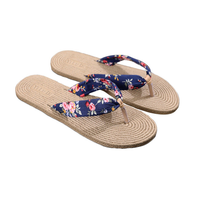 Women Shoes Summer Floral Flip Flops Beach Sandals Thongs Slippers  sandals Imitation hemp rope travel flip-flops flat-bottom