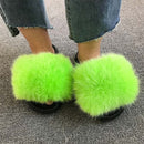 Hot Summer Women Fox Fur Slippers Real Fur Slides Female Indoor Flip Flops Casual Raccon Fur Sandals Furry Fluffy Plush Shoes