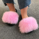 Hot Summer Women Fox Fur Slippers Real Fur Slides Female Indoor Flip Flops Casual Raccon Fur Sandals Furry Fluffy Plush Shoes