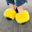 Hot Summer Women Fox Fur Slippers Real Fur Slides Female Indoor Flip Flops Casual Raccon Fur Sandals Furry Fluffy Plush Shoes