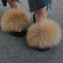 Hot Summer Women Fox Fur Slippers Real Fur Slides Female Indoor Flip Flops Casual Raccon Fur Sandals Furry Fluffy Plush Shoes