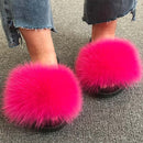 Hot Summer Women Fox Fur Slippers Real Fur Slides Female Indoor Flip Flops Casual Raccon Fur Sandals Furry Fluffy Plush Shoes