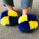 Hot Summer Women Fox Fur Slippers Real Fur Slides Female Indoor Flip Flops Casual Raccon Fur Sandals Furry Fluffy Plush Shoes