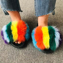 Hot Summer Women Fox Fur Slippers Real Fur Slides Female Indoor Flip Flops Casual Raccon Fur Sandals Furry Fluffy Plush Shoes