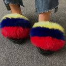 Hot Summer Women Fox Fur Slippers Real Fur Slides Female Indoor Flip Flops Casual Raccon Fur Sandals Furry Fluffy Plush Shoes