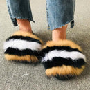 Hot Summer Women Fox Fur Slippers Real Fur Slides Female Indoor Flip Flops Casual Raccon Fur Sandals Furry Fluffy Plush Shoes