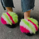 Hot Summer Women Fox Fur Slippers Real Fur Slides Female Indoor Flip Flops Casual Raccon Fur Sandals Furry Fluffy Plush Shoes