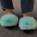 Hot Summer Women Fox Fur Slippers Real Fur Slides Female Indoor Flip Flops Casual Raccon Fur Sandals Furry Fluffy Plush Shoes
