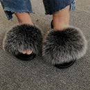 Hot Summer Women Fox Fur Slippers Real Fur Slides Female Indoor Flip Flops Casual Raccon Fur Sandals Furry Fluffy Plush Shoes