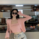 Korean Style Two Piece Set Cardigan Women Sexy Autumn Candy Color Long Sleeve Ribbed Knitted Cropped Sweater and Matching Vest