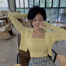 Korean Style Two Piece Set Cardigan Women Sexy Autumn Candy Color Long Sleeve Ribbed Knitted Cropped Sweater and Matching Vest