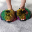 Hot Summer Women Fox Fur Slippers Real Fur Slides Female Indoor Flip Flops Casual Raccon Fur Sandals Furry Fluffy Plush Shoes