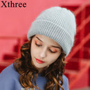 Xthree Beanie Hat for Women Winter Hat Knitted Rabbit Fur Skullies Hat Warm Bonnet Cap Female Hats for Girl hat