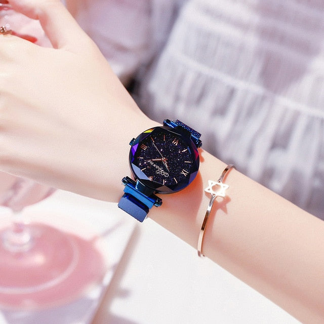 Women watch Elegant Magnet Fashion Quartz Wristwatch Buckle Starry Sky Roman Numeral Watch for women gift for Ladies
