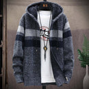 FALIZA Men's Striped Sweater Coat Thick Fleece Warm Zipper Wool Hooded Cardigan Jumpers Men Long Sleeve Knitted Sweaters XY110