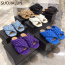 SUOJIALUN Summer Women Slipper Brand Weave Ladies Sandal Shoes Low Open Toe Flat Casual Slides Beach Flip Flops Big Size 35-42