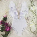 2021 New Sexy Ruffle Print Floral One Piece Swimsuit Off The Shoulder Swimwear Women Solid Deep-V Beachwear Bathing Suit Monkini