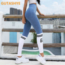 Ladies Yoga Pants Striped Letters Seamless Legs Tie Peach Hip Yoga Pants Sports High Waist Full Length Fitness Leggings Fitness