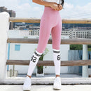Ladies Yoga Pants Striped Letters Seamless Legs Tie Peach Hip Yoga Pants Sports High Waist Full Length Fitness Leggings Fitness