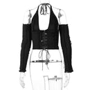 2020 Backless Halter Ribbed Tie Front Top Women Long Sleeve Hollow Out Lace Up T Shirts Patchwork Sexy Bodycon Y2K Crop Top