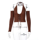 2020 Backless Halter Ribbed Tie Front Top Women Long Sleeve Hollow Out Lace Up T Shirts Patchwork Sexy Bodycon Y2K Crop Top