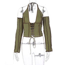 2020 Backless Halter Ribbed Tie Front Top Women Long Sleeve Hollow Out Lace Up T Shirts Patchwork Sexy Bodycon Y2K Crop Top
