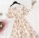 2021 Summer Women Ruffled Short-sleeved Chiffon Dress V-neck High Waist Floral Print Beach Midi Dresses Backless Sexy Vestidos