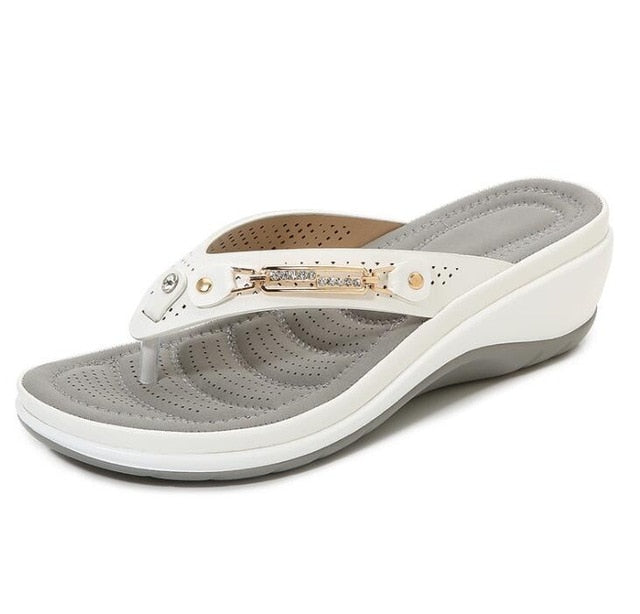 2021 Women's Slippers Summer New Fashion Metal Button Slides Shoes Wedge Beach Sandals Women Outside Platform Leisure Flip Flops