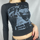 E-girl Gothic Print T-shirt Women Long Sleeve Slim Fit Crop Top Y2K Aesthetic Spring Autumn Sweats Tees Top Harajuku Streetwear