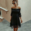 2021 Off Shoulder Women Elegant Dress Autumn Ruched White Black Lace Dress Midi A Line Backless Party Dresses Ladies