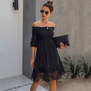 2021 Off Shoulder Women Elegant Dress Autumn Ruched White Black Lace Dress Midi A Line Backless Party Dresses Ladies