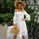 2021 Off Shoulder Women Elegant Dress Autumn Ruched White Black Lace Dress Midi A Line Backless Party Dresses Ladies