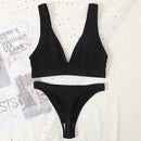2PCS Bra Set Women Underwear Set Seamless Deep V Bra Ribbed Tops Sexy Lingerie Female Low Back Bralette Fashion Brassiere