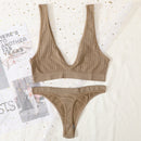 2PCS Bra Set Women Underwear Set Seamless Deep V Bra Ribbed Tops Sexy Lingerie Female Low Back Bralette Fashion Brassiere