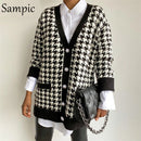 Sampic Loose Patchwork Knitwear Winter 2021 Women Cardigans Tops Oversized Long Sleeve Y2K V Neck Sweater Casual Fashion Tops