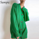 Sampic Loose Patchwork Knitwear Winter 2021 Women Cardigans Tops Oversized Long Sleeve Y2K V Neck Sweater Casual Fashion Tops
