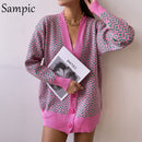 Sampic Loose Patchwork Knitwear Winter 2021 Women Cardigans Tops Oversized Long Sleeve Y2K V Neck Sweater Casual Fashion Tops