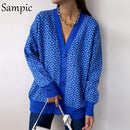 Sampic Loose Patchwork Knitwear Winter 2021 Women Cardigans Tops Oversized Long Sleeve Y2K V Neck Sweater Casual Fashion Tops