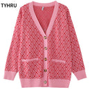 TYHRU Women's Knitting Sweater Color Matching Diamond Lattice Single-Breasted Buttons Loose Casual Knitted Cardigan Sweaters