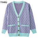 TYHRU Women's Knitting Sweater Color Matching Diamond Lattice Single-Breasted Buttons Loose Casual Knitted Cardigan Sweaters