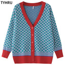 TYHRU Women's Knitting Sweater Color Matching Diamond Lattice Single-Breasted Buttons Loose Casual Knitted Cardigan Sweaters