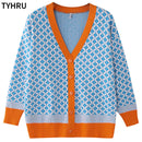 TYHRU Women's Knitting Sweater Color Matching Diamond Lattice Single-Breasted Buttons Loose Casual Knitted Cardigan Sweaters