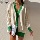 Sampic Loose Patchwork Knitwear Winter 2021 Women Cardigans Tops Oversized Long Sleeve Y2K V Neck Sweater Casual Fashion Tops