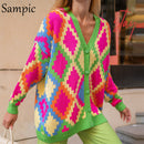 Sampic Loose Patchwork Knitwear Winter 2021 Women Cardigans Tops Oversized Long Sleeve Y2K V Neck Sweater Casual Fashion Tops