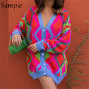 Sampic Loose Patchwork Knitwear Winter 2021 Women Cardigans Tops Oversized Long Sleeve Y2K V Neck Sweater Casual Fashion Tops