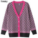 TYHRU Women's Knitting Sweater Color Matching Diamond Lattice Single-Breasted Buttons Loose Casual Knitted Cardigan Sweaters