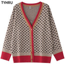 TYHRU Women's Knitting Sweater Color Matching Diamond Lattice Single-Breasted Buttons Loose Casual Knitted Cardigan Sweaters