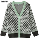 TYHRU Women's Knitting Sweater Color Matching Diamond Lattice Single-Breasted Buttons Loose Casual Knitted Cardigan Sweaters
