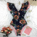 2021 New Sexy Ruffle Print Floral One Piece Swimsuit Off The Shoulder Swimwear Women Solid Deep-V Beachwear Bathing Suit Monkini