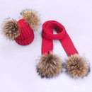 Girl Pompon Hats and Scarves Sets Winter Knitted Warm Nature Fur Pom Pom Hat Scarf Thick Beanies Hats Caps Kids Baby Solid Bones